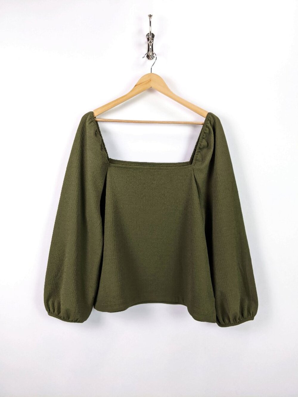 Madewell Womens Crepe Square Neck Puff Sleeve Top Olive Green Size XL